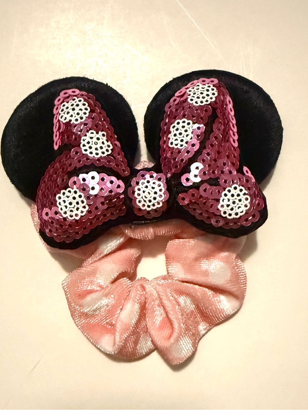 Sequined Pink Bow Minnie Ears Hair Scrunchie